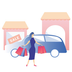 Woman Shopping Rent Car Sale Discount Flat Banner