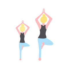 mother with daughter doing yoga exercise. Girl and mom in sportswear. Happy family. Family yoga vector illustration.