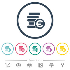 Euro coins flat color icons in round outlines