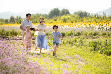 Happy young family in flower field