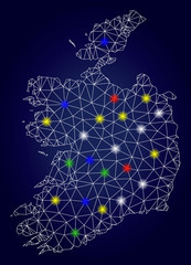 Bright mesh vector Ireland Republic map with glowing light spots. Carcass model for patriotic illustrations. Abstract lines, dots, glare spots are organized into Ireland Republic map.