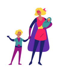 Mother and her children playing together in superhero costumes