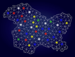 Fototapeta premium Glossy polygonal vector Jammu and Kashmir State map with glowing light spots. Mesh model for patriotic purposes. Abstract lines, dots, light spots are organized into Jammu and Kashmir State map.