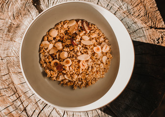 Bowl of Cereals, muesli and nuts on a tree trunk. Sunlight. zenital view