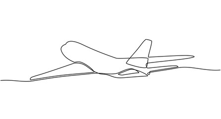 Continuous line drawing of airplane took off with a white background. illustration of an isolated plane. Airline Concept Travel Passenger plane. Jet commercial airplane. Illustration