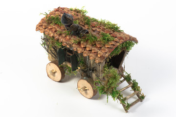 miniature model van wild west moss tree isolated white background