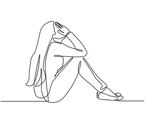 Continuous Line Drawings Of Young Woman Feeling Sad, Tired And Worried ...