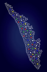 Glamour mesh vector Kerala State map with glowing light spots. Lowpoly model for patriotic templates. Abstract lines, dots, light spots are organized into Kerala State map.