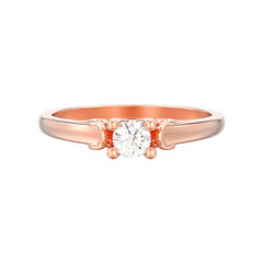 3D illustration isolated red rose gold solitaire wedding diamond ring with heart prongs