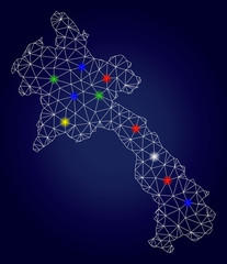 Bright mesh vector Laos map with glare light spots. Mesh model for political posters. Abstract lines, dots, glare spots are organized into Laos map. Dark blue gradiented background.
