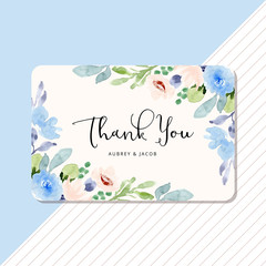 thank you card with blue peach floral watercolor frame