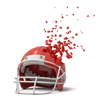 3d rendering of a red american football helmet shattering into small pieces isolated on white background