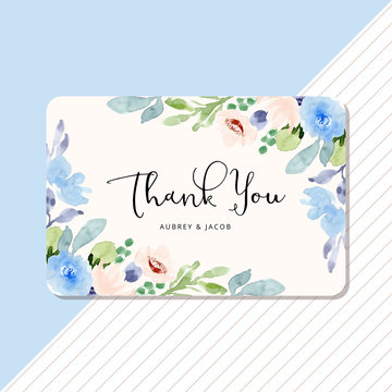 Thank You Card With Blue Peach Floral Watercolor Frame