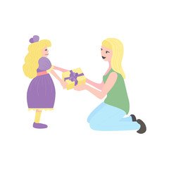 Daughter child gives a gift to Mother. Blonde girl present