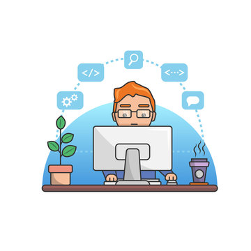Software, web development, programming concept. Programmer at work concept banner. Can use for web banner, infographics, hero images. Flat isometric vector illustration isolated on white background