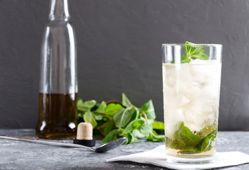 Closeup of fresh mint julep, bottle of alcohol drink and mint as a background.Grey colors mood