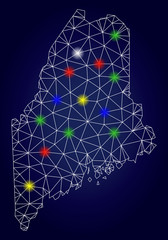 Bright polygonal vector Maine Land map with glare light spots. Carcass model for patriotic templates. Abstract lines, dots, light spots are organized into Maine Land map.