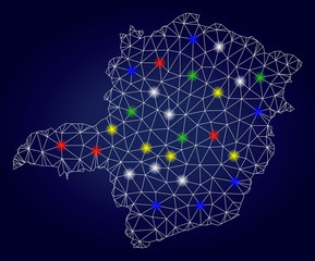 Bright polygonal vector Minas Gerais State map with glare light spots. Mesh model for political purposes. Abstract lines, dots, light spots are organized into Minas Gerais State map.