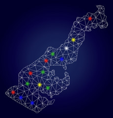 Bright mesh vector Monaco map with glare light spots. Lowpoly model for political posters. Abstract lines, dots, glare spots are organized into Monaco map. Dark blue gradiented background.