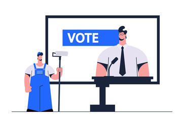 Stylized Flat Characters. Worker with Roller Standing Near the Big Billboard with a Politician on It. Vector Illustration