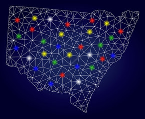 Bright mesh vector New South Wales map with glowing light spots. Mesh model for political illustrations. Abstract lines, dots, glare spots are organized into New South Wales map.