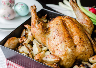 Roasted whole chicken. Easter concept