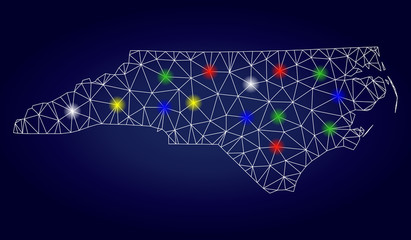 Bright mesh vector North Carolina State map with glare light spots. Mesh model for patriotic illustrations. Abstract lines, dots, glare spots are organized into North Carolina State map.
