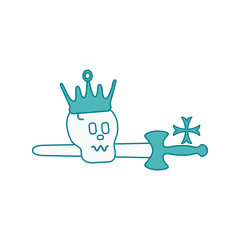 Skull, crown, sword, cross.