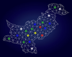 Glossy mesh vector Pakistan map with glowing light spots. Carcass model for political illustrations. Abstract lines, dots, light spots are organized into Pakistan map. Dark blue gradiented background.