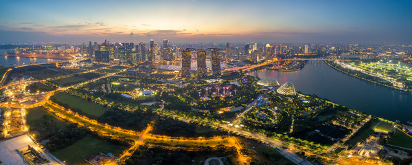 Panorama aerial view of the Singapore landmark financial business district at twilight sunset scene with skyscraper and beautiful sky. Singapore downtown