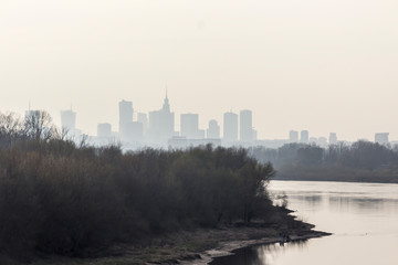 View of the city center of Warsaw from the Vistula River. Site about the city, nature, river, Poland.