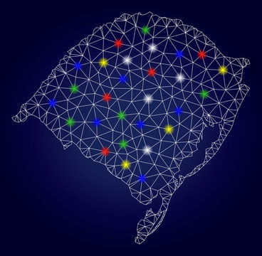 Bright mesh vector Rio Grande do Sul State map with glowing light spots. Mesh model for patriotic posters. Abstract lines, dots, glare spots are organized into Rio Grande do Sul State map.