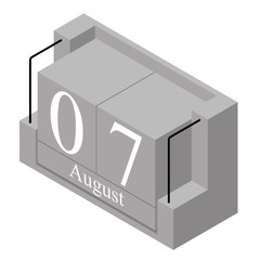 August 7th date on a single day calendar. Gray wood block calendar present date 7 and month August isolated on white background. Holiday. Season. Vector isometric illustration