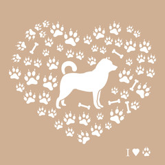 Shiba Inu silhouette on a background of dog tracks and bones in the form of heart.
