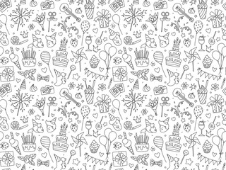 Happy Birthday lettering thin line seamless pattern festive background.