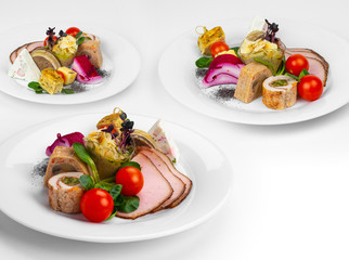 Terrine with smoked chicken and ghebe, Cighir with quail eggs, Spinach roll with cream cheese and salmon, Chicken mash roulade in bacon cake, Smoked pork chops, Humus with the poor, Pulp rolls and can