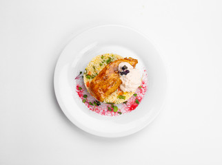 Chicken breast, sous vide glazed, with barbeque, rice with Mexican vegetables, Balkan sauce.