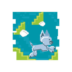 video game pixelated robotic dog jumping