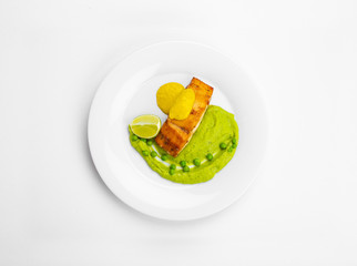 Butterfish, pea purée, seafood sauce.