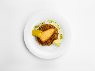 Butterfish, rice with vegetables, flavored, with soy sauce, and ginger, seafood sauce.