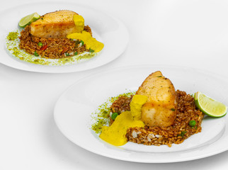 Butterfish, rice with vegetables, flavored, with soy sauce, and ginger, seafood sauce.