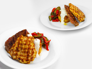 Baked pork bowl, grilled chicken breast, baked potatoes, cheese cream, pickle salad.