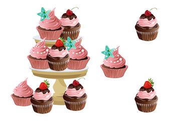 Cake on stand. Birthday design..Vector illustration.