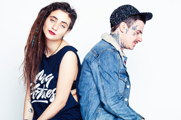 young pretty couple together, lifestyle people concept, boyfriend and girlfriend tattoo close up