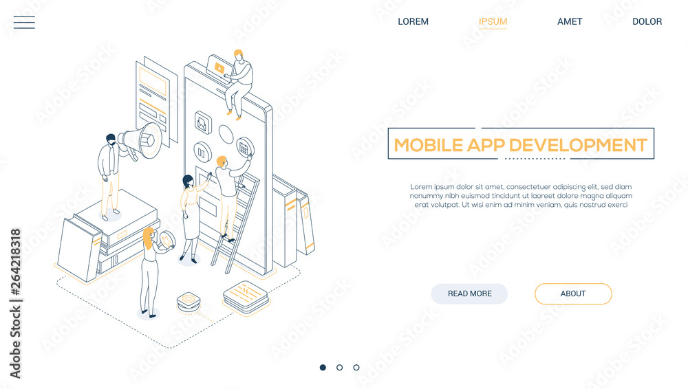 Wall mural mobile app development - line design style isometric web banner