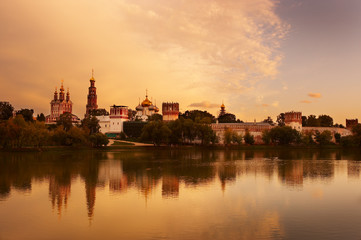 Fototapeta na wymiar NOVODEVICHY CONVENT AND ASSUMPTION CHURCH AT TWILIGHT MOSCOW RUSSIA