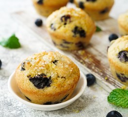 Homemade Lemon Blueberry Muffins with sugar topping, selective focus