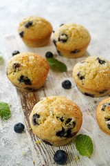 Homemade Lemon Blueberry Muffins with sugar topping, selective focus