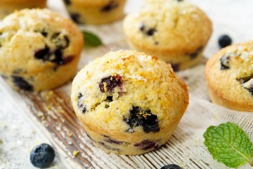 Homemade Lemon Blueberry Muffins with sugar topping, selective focus