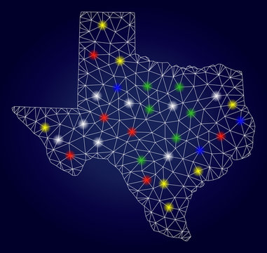 Glossy mesh vector Texas map with glare light spots. Mesh model for political templates. Abstract lines, dots, light spots are organized into Texas map. Dark blue gradiented background.